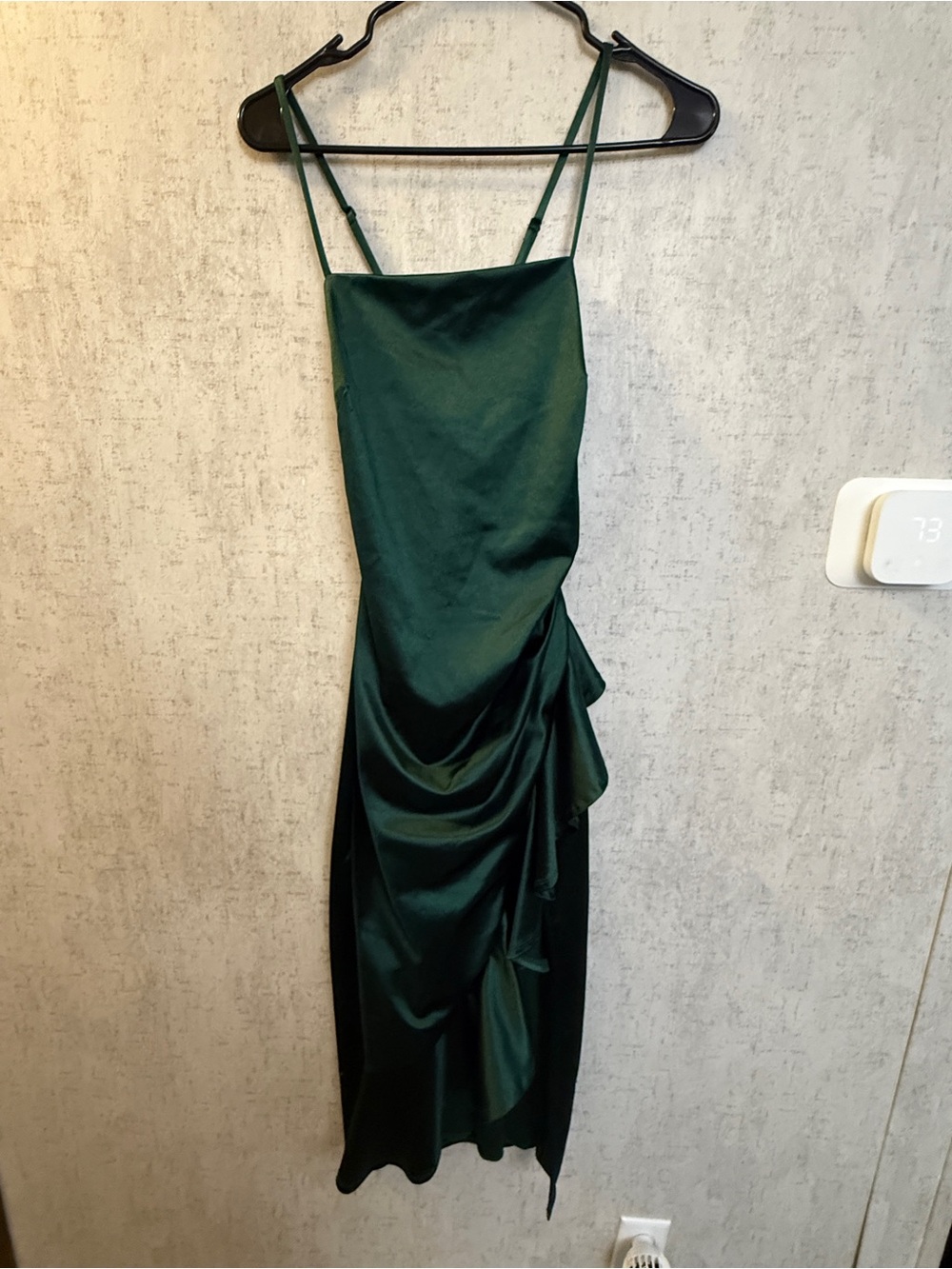 Emerald Sundae Dark Emerald Satin Midi Slip Dress with Draped Side